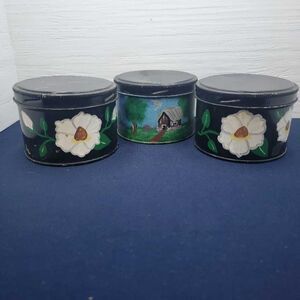 Vintage Black Floral Farmhouse Tin Set 3 Round Storage Canisters Decor